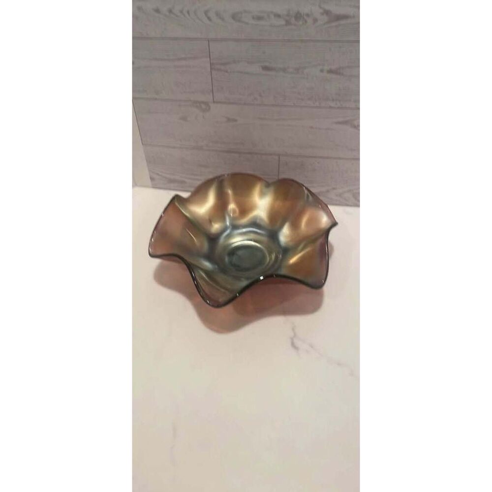 VTG marigold carnival glass ruffled bowl.